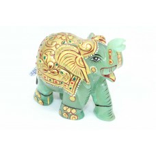 Figurine Handcrafted Natural Green Jade Gem Stone Elephant Gold Hand Painted E3